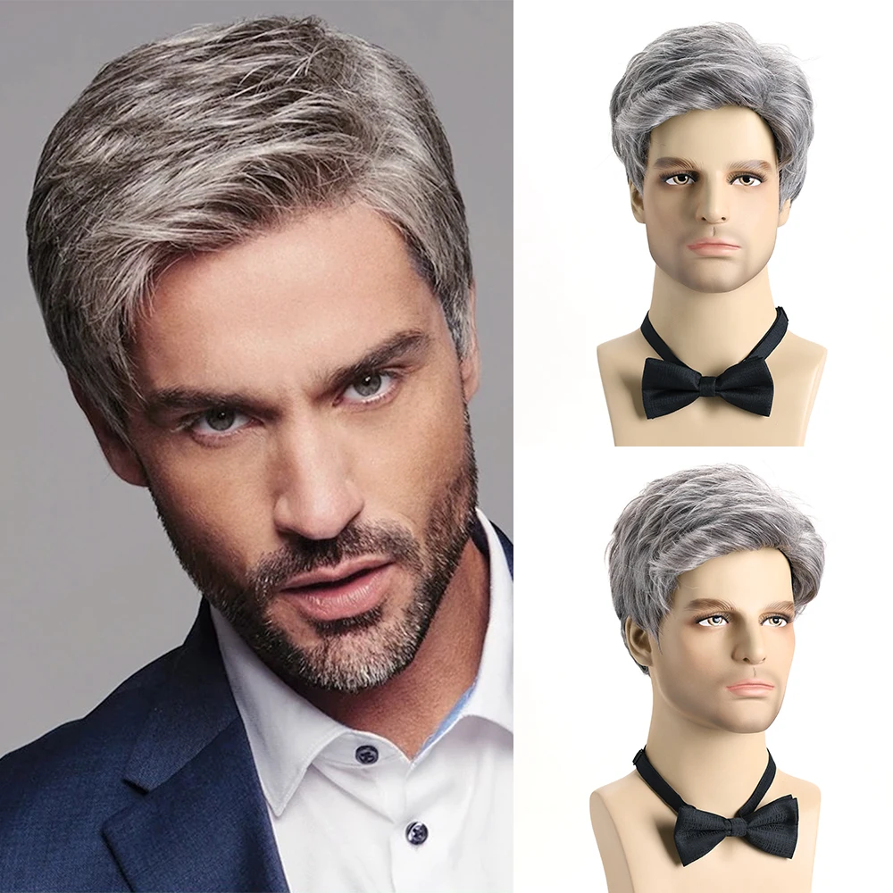 10 Inch Synthetic Hair Short Curly Mixed Gray Wig For Men Layered Heat Resistant Wigs With Bangs For Daily Use Festival Ball