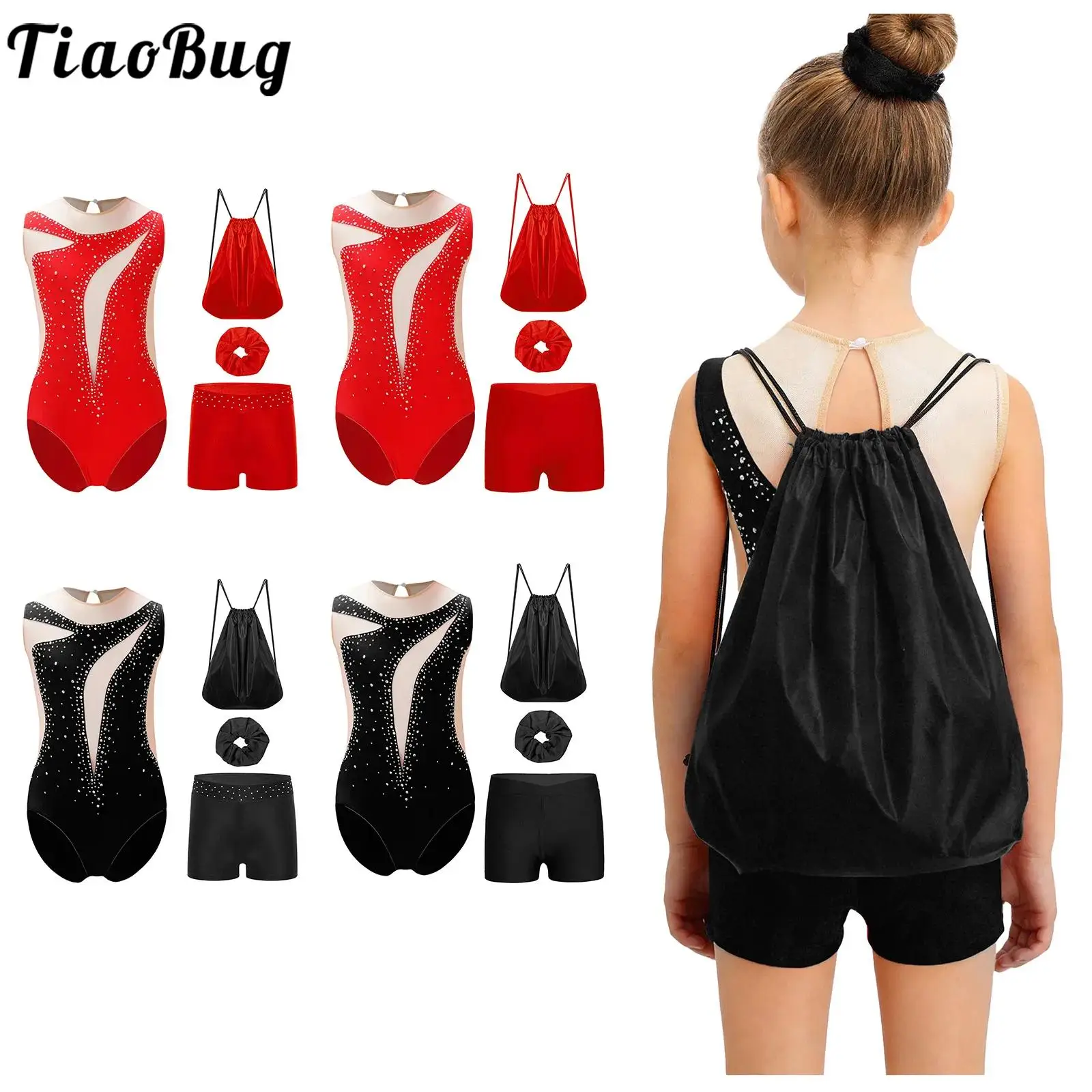 Children Girls Figure Skating Gymnastics Acrobatic Costume Sleeveless Shiny Rhinestone Ballet Dance Leotard with Shorts Backpack