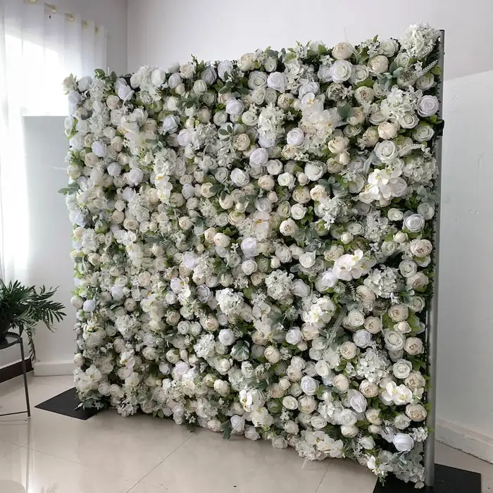 Royal Series Luxury White Rose Green leaves 3D mixed flower wall Roll Up Fabric Floral Wall Arrangement Event Party Stage Props