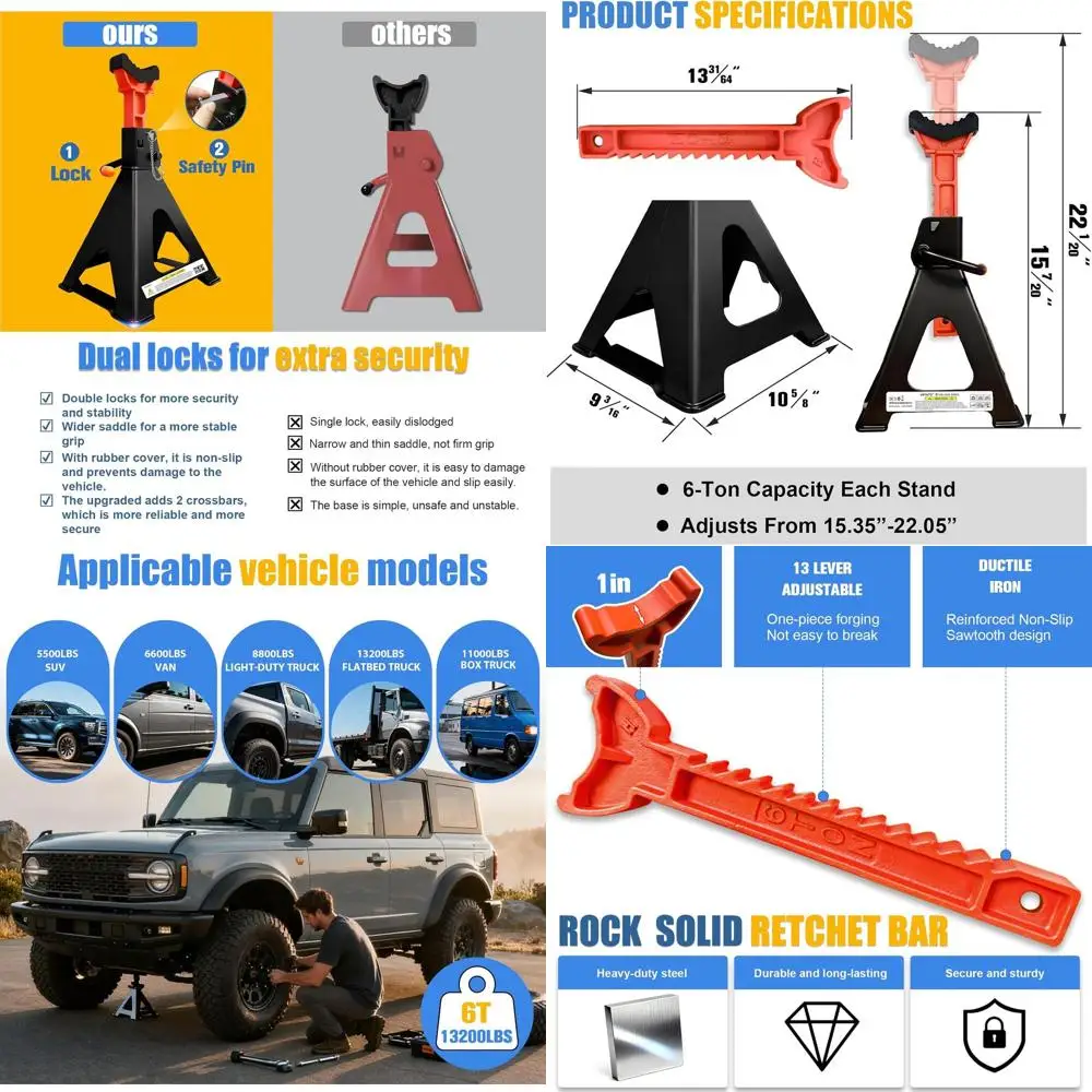 

6-тонные усиленные регулируемые подставки для автомобилей с двойной блокировкой и 2 поперечинами для легковых автомобилей, грузовиков и внедорожников - диапазон высоты 15,35-22,05 дюйма