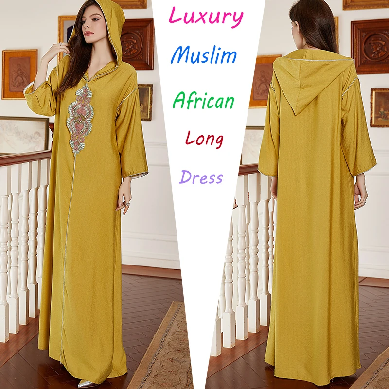 

Fashion Elegant Loose Embroidery Stain Long Dress Women Hooded Long Sleeve Maxi Dresses 2024 New Autumn Female Robes Vestidos