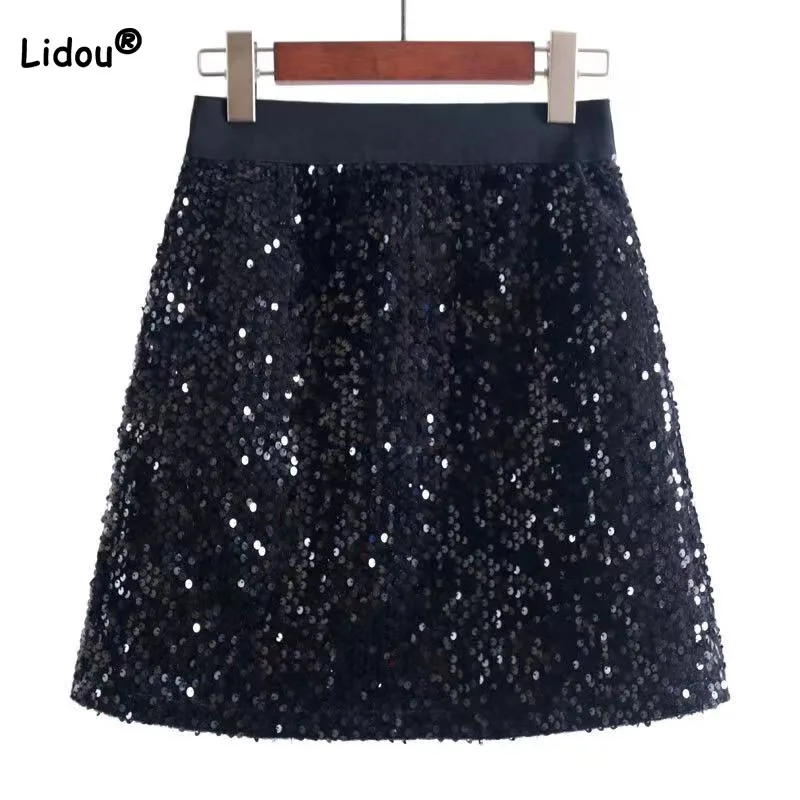 

Summer Korean All-match Sequined Spliced A-Line Skirt Women's Clothing Fashion Elastic High Waist Temperament Skirts for Female