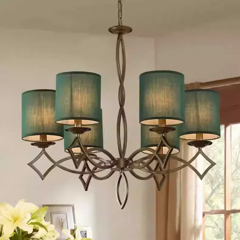 American Vintage  Chandelier Living Room Ceiling Decorative Lighting Modern Minimalist Fabric Linen Green Pandant Lamps