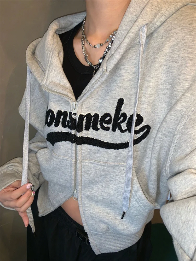 Korean Fashion Gray Cropped Hoodie Women Y2K Vintage Letter Zip Up Sweatshirts Spring 2023 Kpop Harajuku Hooded Jackets Casual