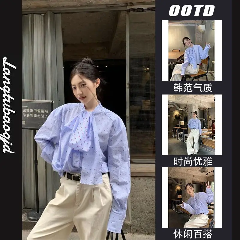 Korejepo Blue Grid Red Dot Shirts Niche Design Loose Lazy Long Sleeved Shirt Women 2024 Spring Autumn Casual Versatile Top