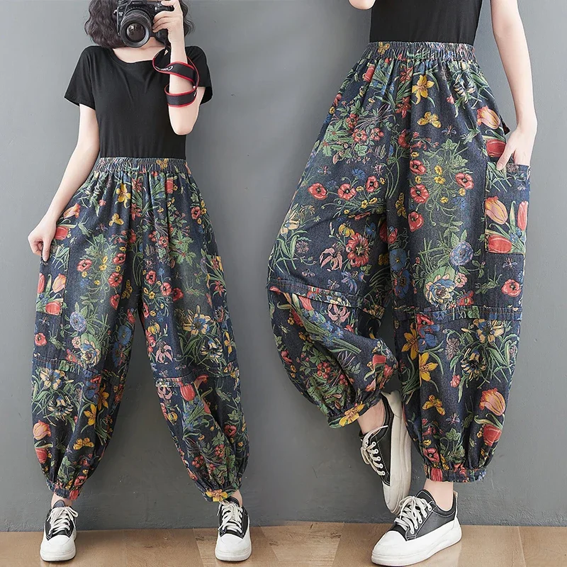 

New Arts Style Women Elastic Waist Ankle-length Loose Jeans Side Pocket Vintage Print Cotton Denim Harem Pants XT961