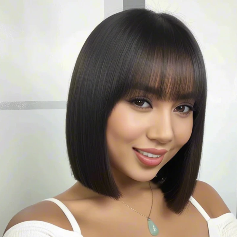 

Женский 12-дюймовый черный прямой парик боб с синтетической челкой, модный и универсальный, подходит для повседневных встреч.