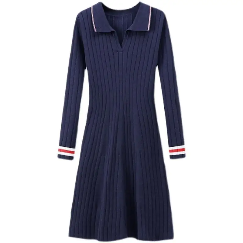 Autumn Winter Women\'s Vintage Striped Elegant Chic Slim Knitted Dresses Korean Fashion High Waist Long Sleeve A Line Midi Dress