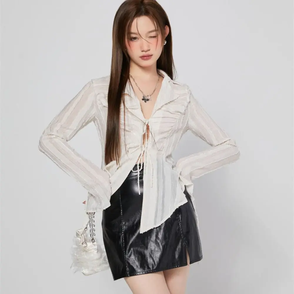 

Soft V-neck Chiffon Sunscreen Shirt Irregular Loose Long Sleeve Shirt Lace-up Ruffle Beige Shirt Women Party