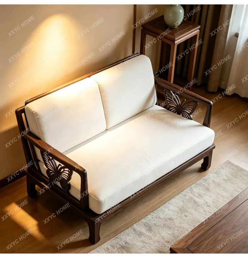XXnew Chinese sofa black walnut straight row small apartment creative style fabric leisure sofa