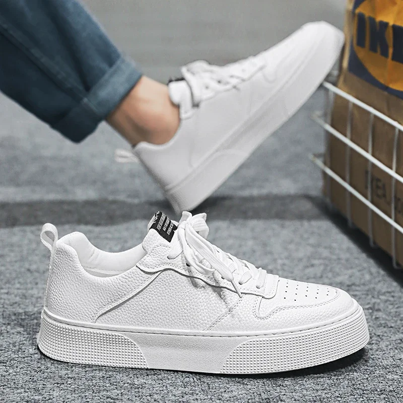 White Shoes for Men Sneakers Spring Low-top Anti-slip Soft Sole Men Shoes Outdoor Lace-up PU Wear-resistant Men's Casual Shoes