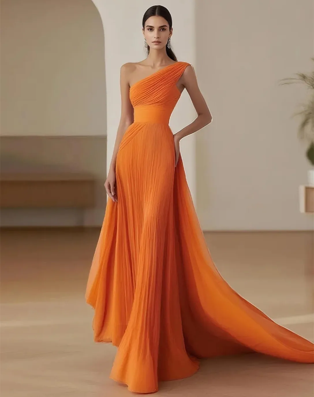 Customized Long One Shoulder Evening Dresses A-Line Chiffon Pleated فساتين الحفلة Prom Dress for Women