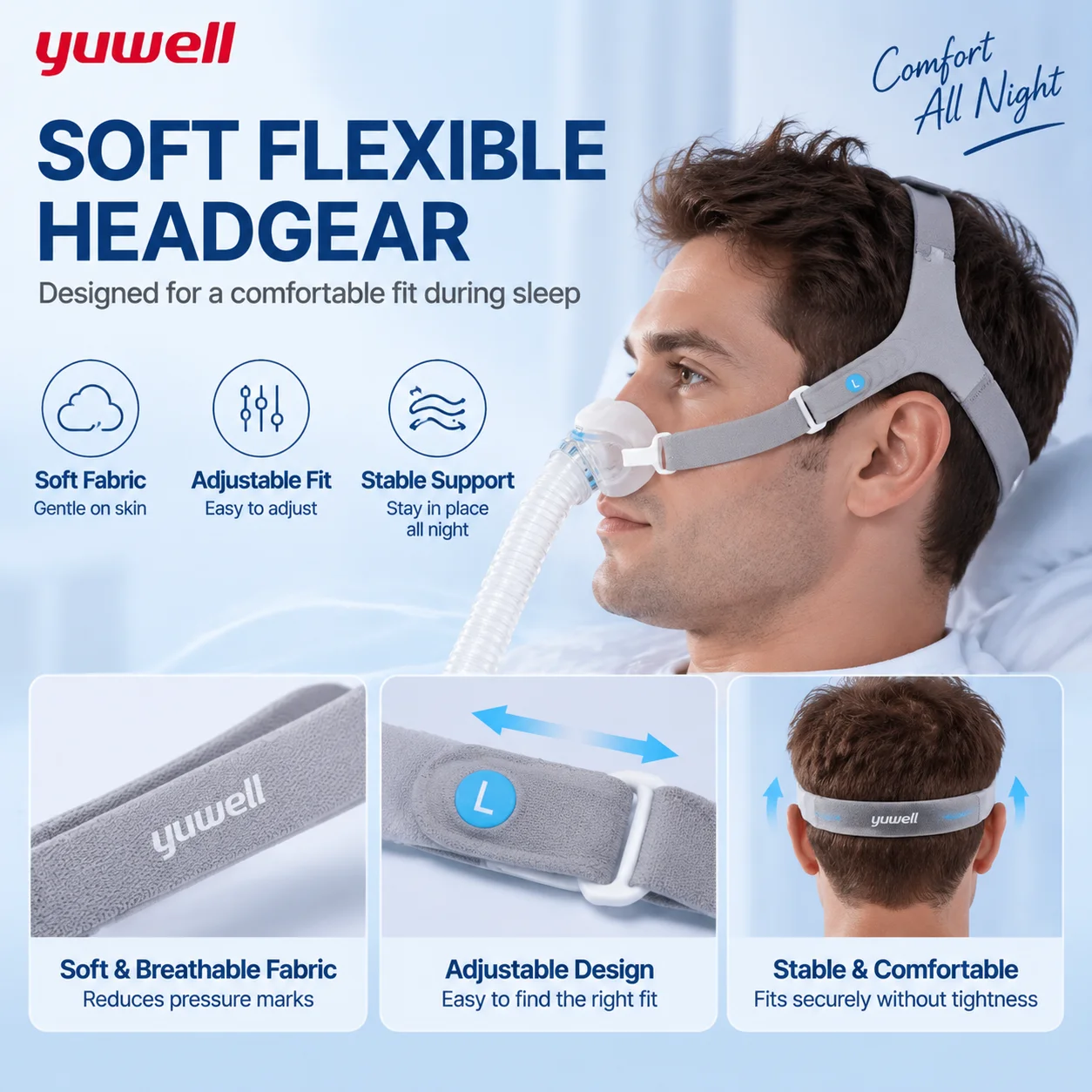 Yuwell YN-06 CPAP Nasal Mask Soft Silicone Cushion Sleep Apnea Mask Quiet Design 22mm Tube Comfortable Headgear Replacement