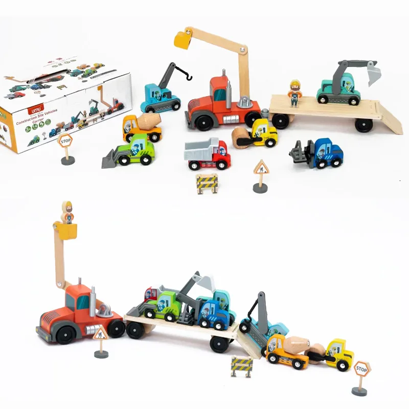 Vehículos de sitio de construcción, Carrier Boys Engineering Car Model Excavating Earth Roller Lifting Truck, bloques de construcción, juguetes de madera