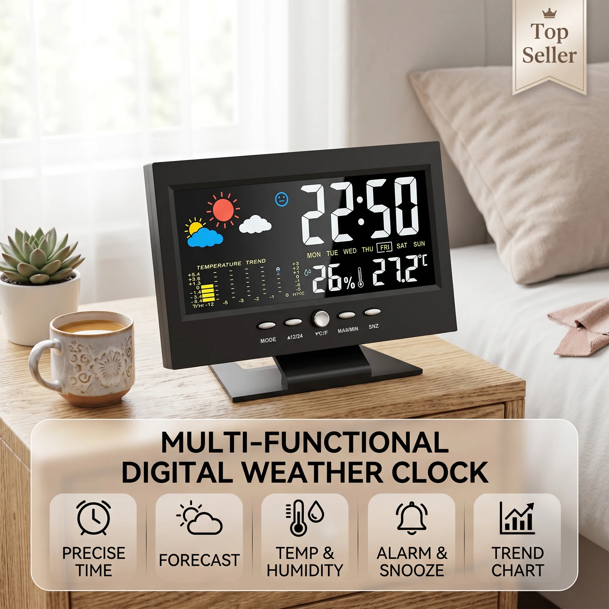 Digital Alarm Clock with USB Line Home Weather Station Time Temperature Humidity Display Clock with Sound Control Bright Screen