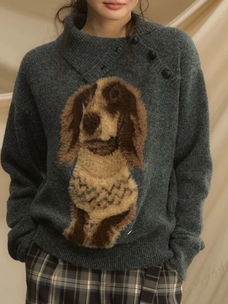 Sweat-shirt à manches longues pour femmes, Vintage français, élégant, Chic, graphique de chien, col incliné, tricot doux, hauts rétro décontractés, automne