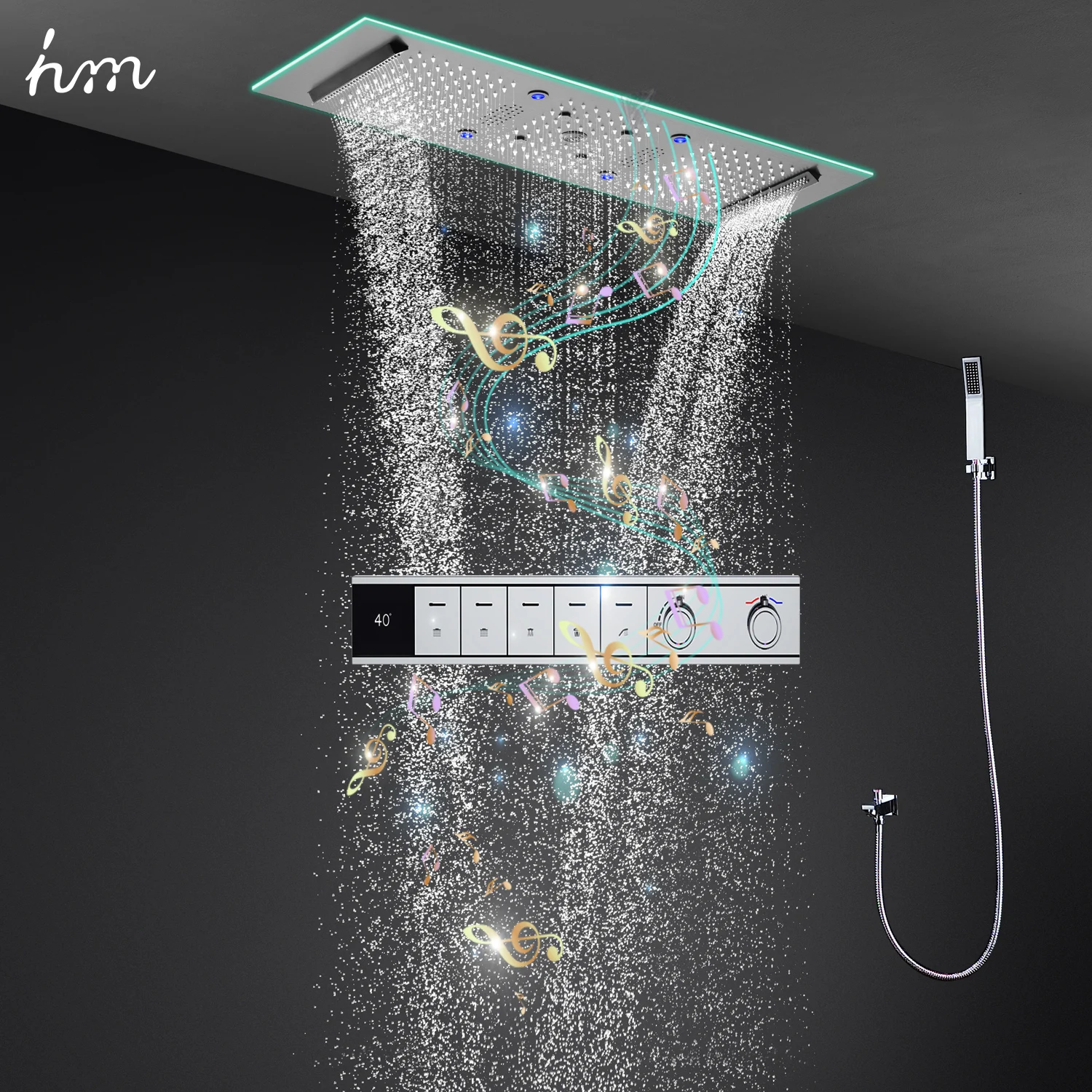 hm Luxury 900x300mm Bluetooth Music Shower Set LED Display Thermostatic Shower System Mist Rain Waterfall Bathroom Faucets