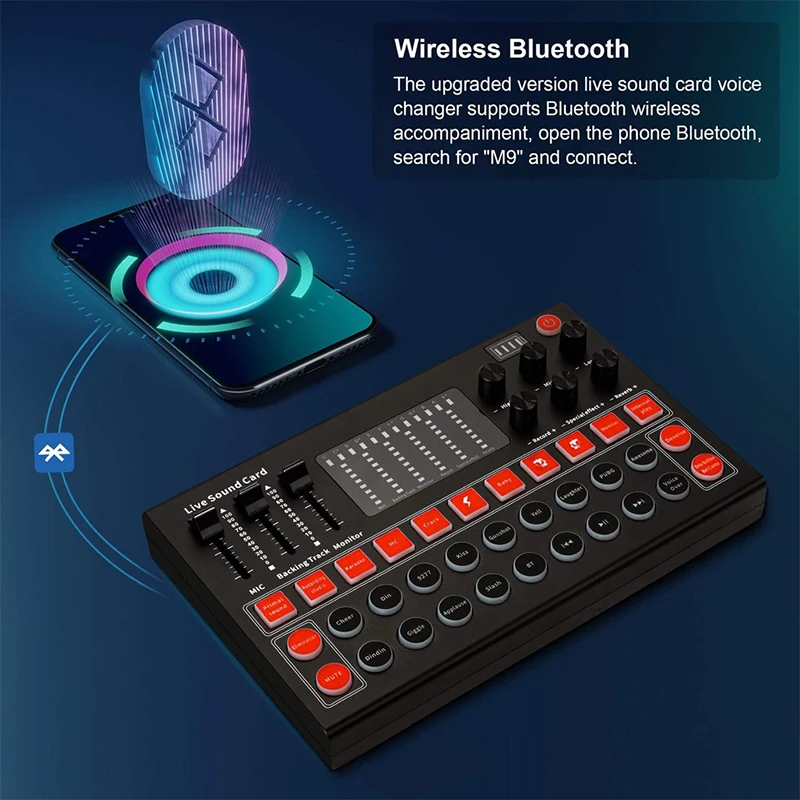 Sound Mixer Board,Live Sound Card Voice Changer with Multiple Sound Effects and LED Light for Live Streaming Audio Mixer