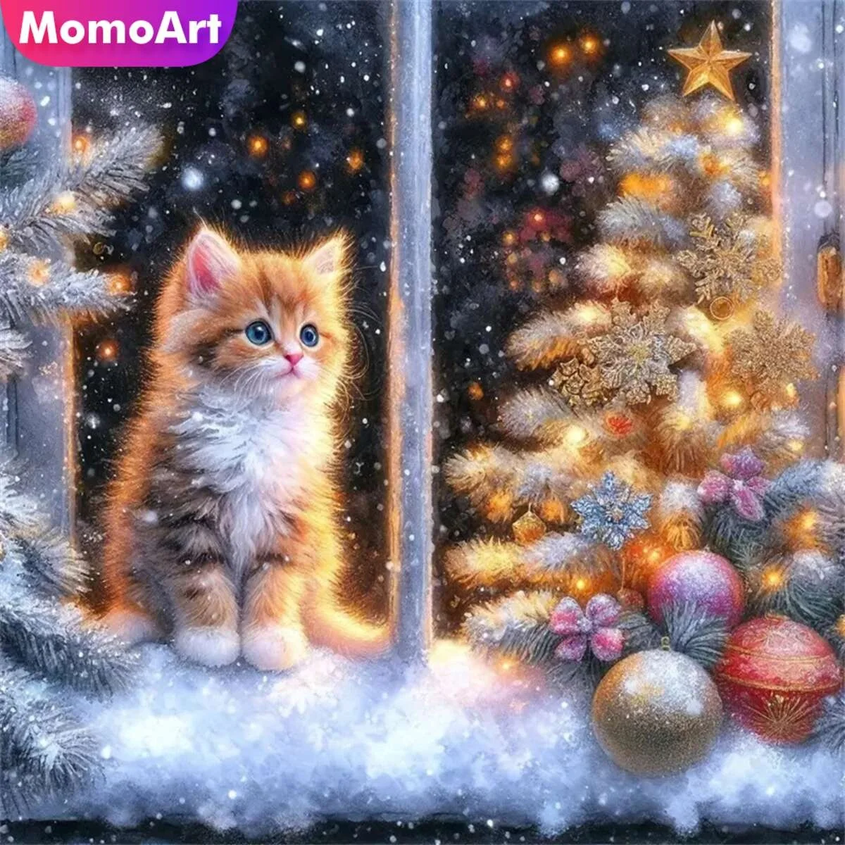 Momoart Diamant-Gemälde, Katze, Tier, voll, quadratisch, rund, Mosaik, Baum, Weihnachtsgeschenk, Stickerei, Winterdekoration für Zuhause