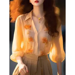 Summer Korean Temperament Long Sleeve Shirts Ladies Vintage Printing Tops 2024 New Sunscreen Women's Clothing V-neck Blouses