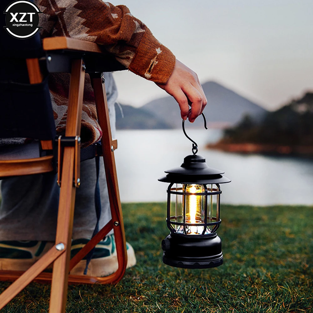 Vintage Hanging Camping Lamp Type-C Fast Charging Lighting Decorative Charging Tent Lamp Retro Portable Outdoors Camping Lantern