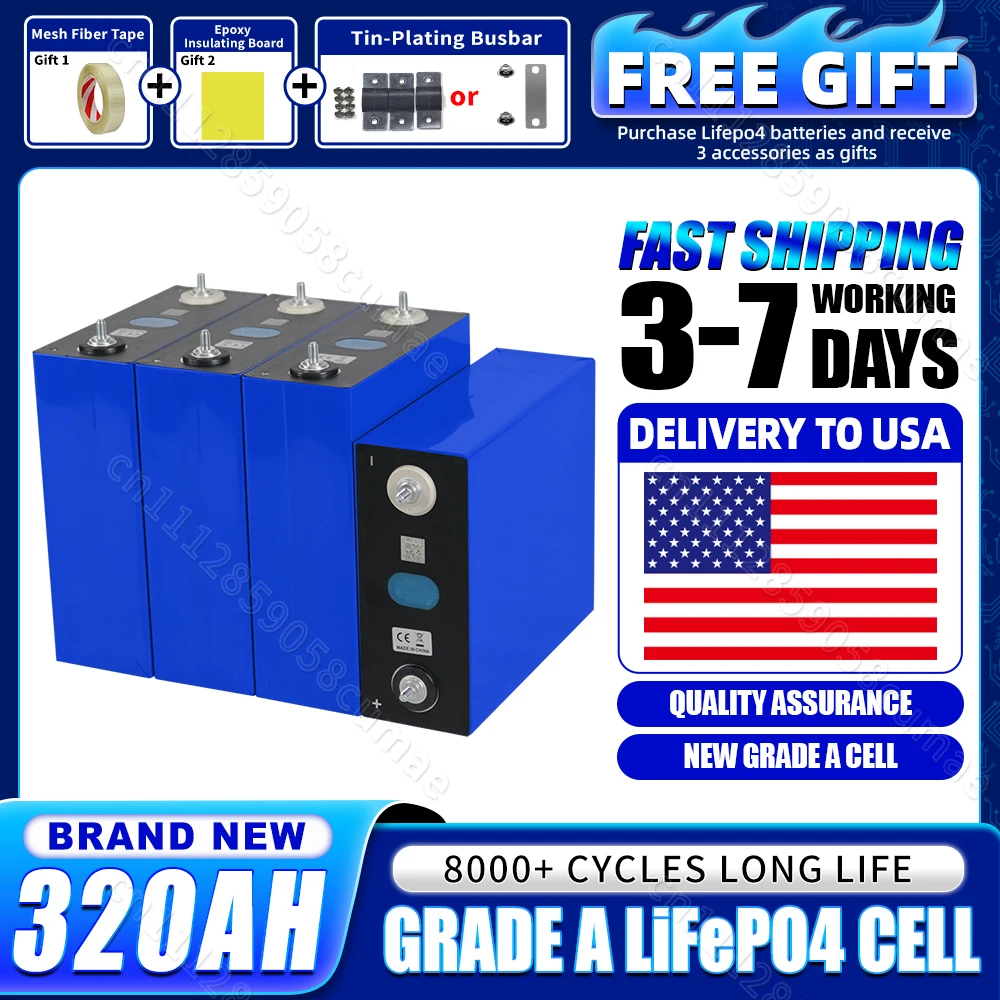 

NEW 3.2V 320Ah LiFePO4 Battery 8000 Cycles Lithium iron phosphate Cell DIY 12V 24V 48V 72V 96V For Yacht Camping EV RV Off Grid Solar Energy Storage System with Adhesive tape/Insulation board/Busbars