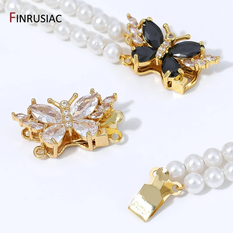 18K Gold Plated Brass Butterfly Box Clasp,2 Holes Zircon Insert Clasp Connector For DIY Pearl Necklace Bracelet Making Findings