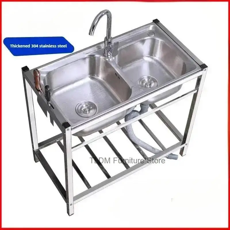 Floor-standing Double Bowls Washing Basin Stainless Steel Kitchen Sink With Bracket Multifunctional Washbasin Thickened Basin