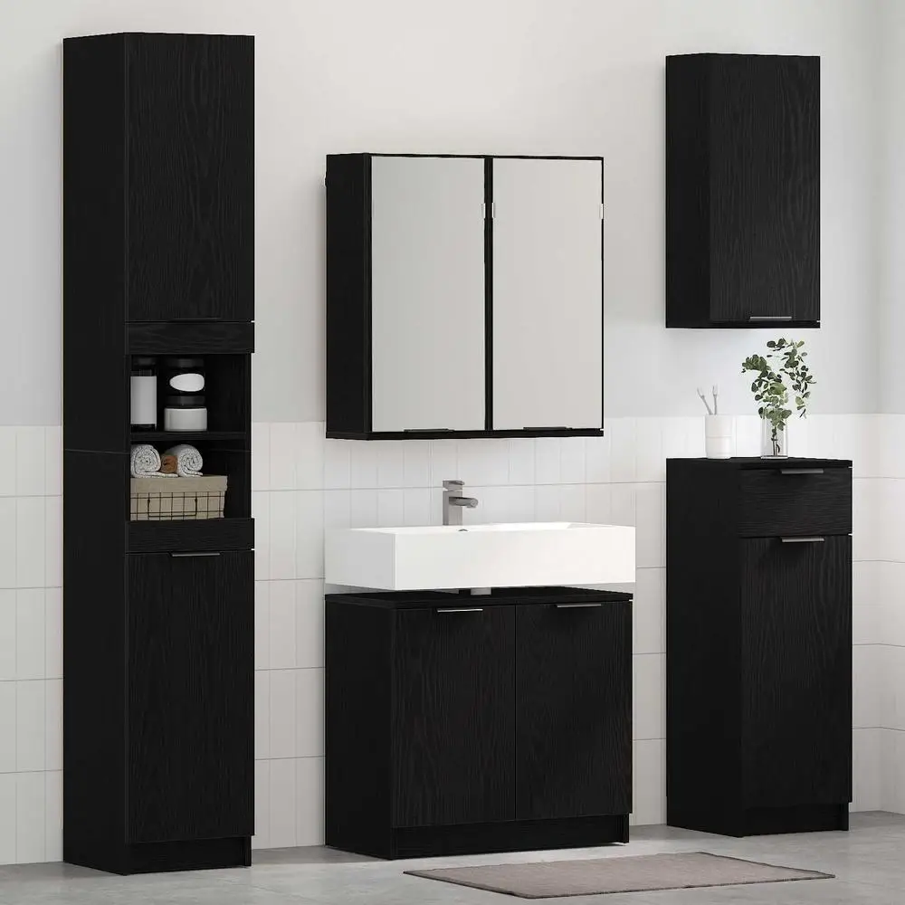 Ensemble de meubles de salle de bain 3 pièces, construction en bois massif de 64 cm, finition noire, design minimaliste, armoires de rangement peu encombrantes pour