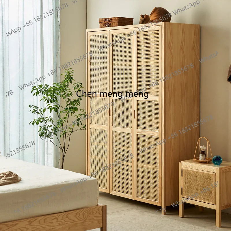 Nordic rattan solid wood wardrobe household ash wood, behind the locker, bedroom sliding door