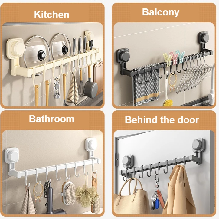 Suction Cup Kitchen Hook Rack No Drilling Storage Rack with Hooks for Pots, Pans, Spoons, Knives  Wall-mounted Storage for Items