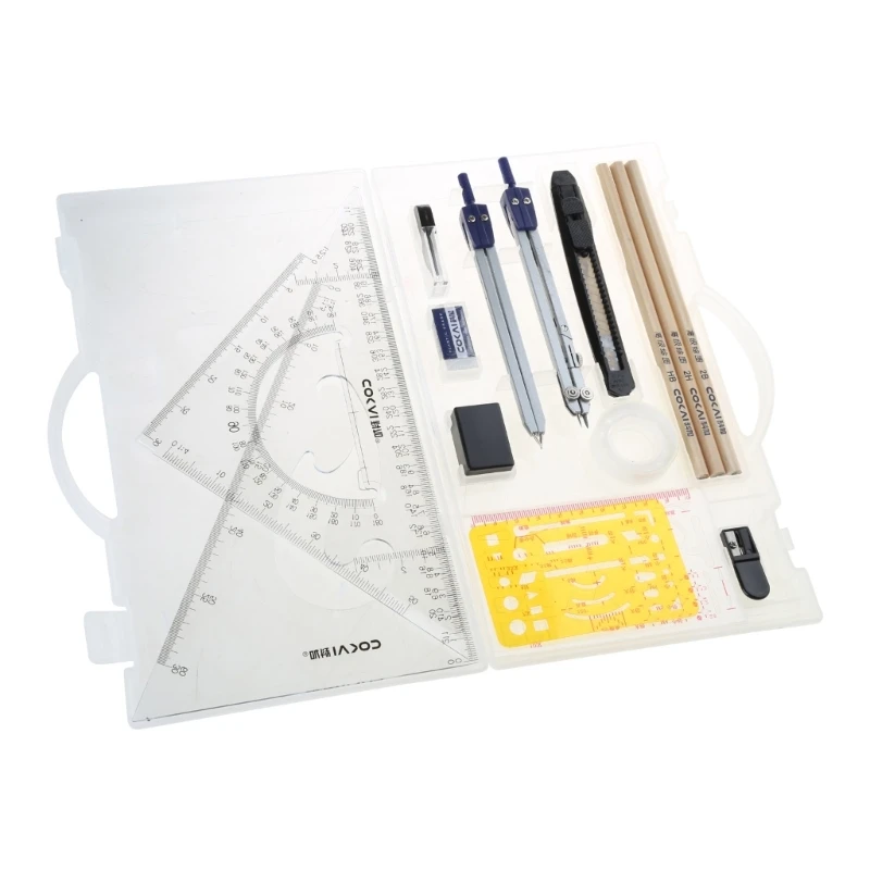 Geometry Set with Protractor Compasses Easer Refill,Drawing Stencils Pencil Dropship