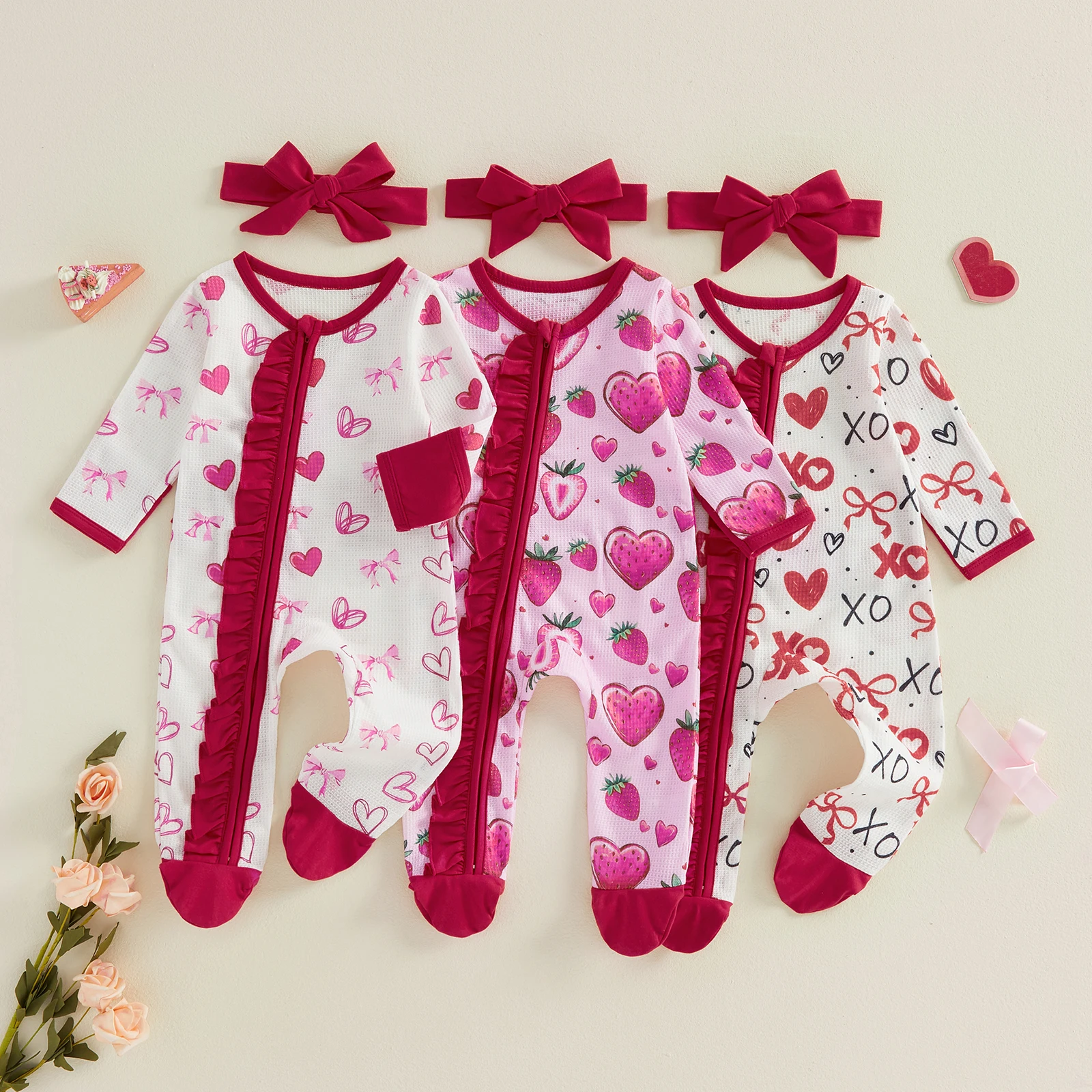 FOCUSNORM 0-9M Newborn Baby Girl Boy Valentines Jumpsuit Love Heart Print Ruffled Trim Zip Up Long Sleeve Footie Romper Headband