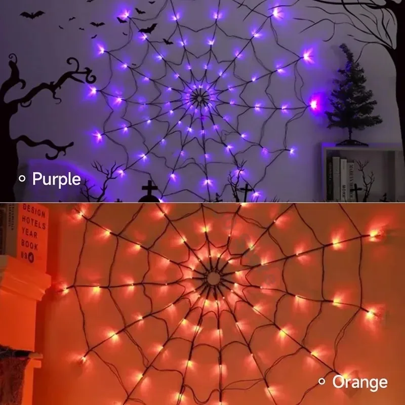 Luci di ragnatela di Halloween 70LED da 1,2 m Luci di rete di ragno nere impermeabili Lampada da festa con luce di stringa viola di Halloween