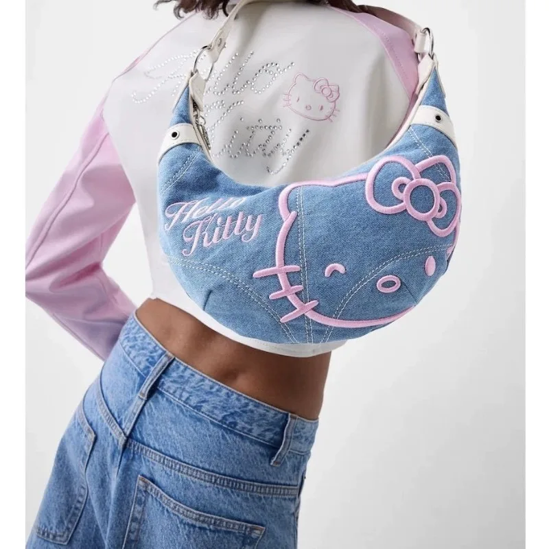 

New Kawaii Miniso Sanrios Hello Kitty Cowboy Embroidery Armpit Bag Crossbody Spring New Cowgirl Bag Ladies Shoulder Bag for Girl