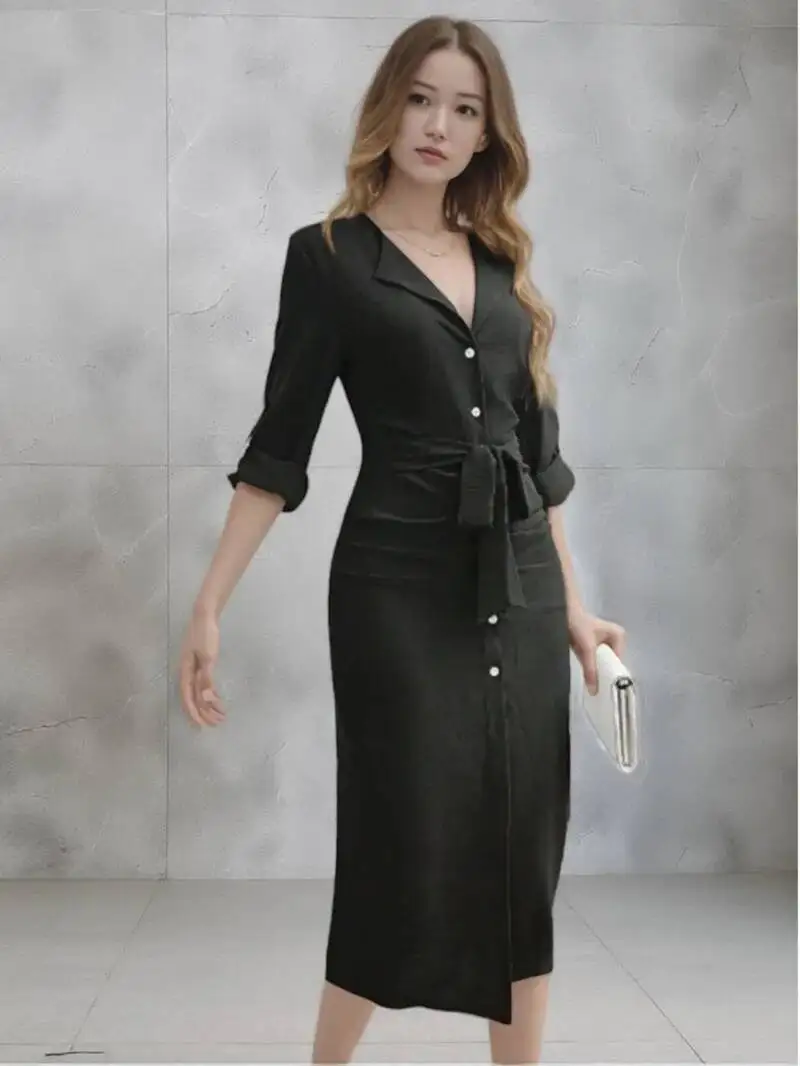 오피스 레이디 브이넥 솔리드 컬러 셔츠 스타일 드레스 여성용 긴 소매 버튼 레이스 업 드레스 우아한 가을 봄 드레스 KWX8