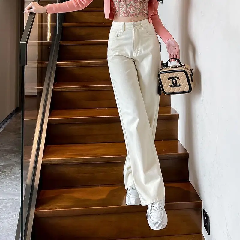 High Waist Wide Leg Denim Jeans Women's Spring Autumn New Style White Denim Pants Draped Straight Tube Pants Washed Versatile...