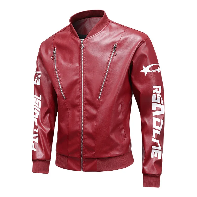 

Autumn Men Leather Jacket High Street Letter Printed Male Outerwear Motorcycle Punk Waterproof Stand Collar Long Sleeve Man Coat