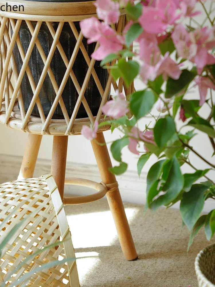 D3L20- Living Room Plant Bamboo Woven Flower Basket Decor Monstera Vine Woven Flower Pot Balcony Flower Stand