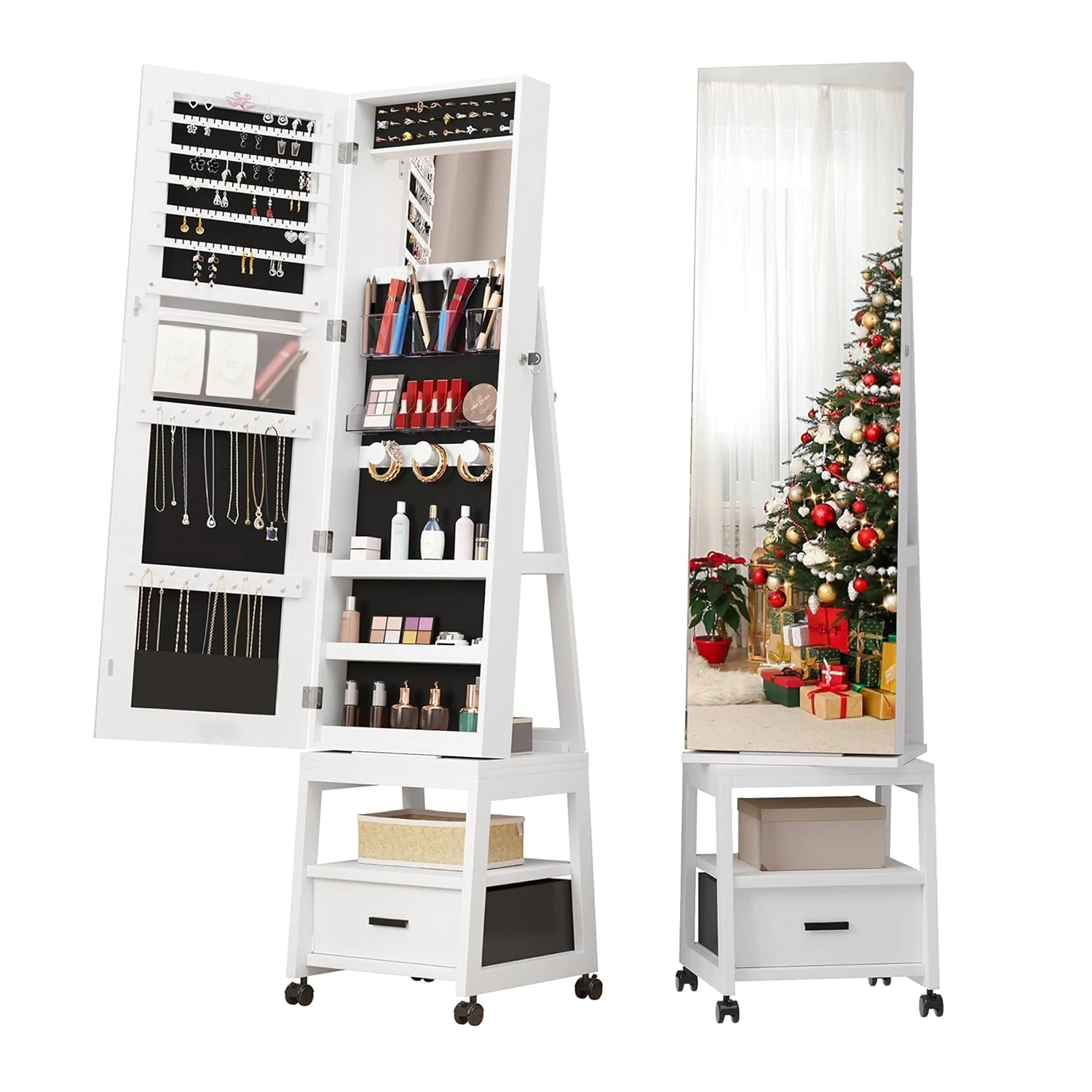 Jewellery Cabinet Jewellery Organiser With 360° Swivel Body Full Length Mirror Jewellery Storage Organizer Unit for Bedroom