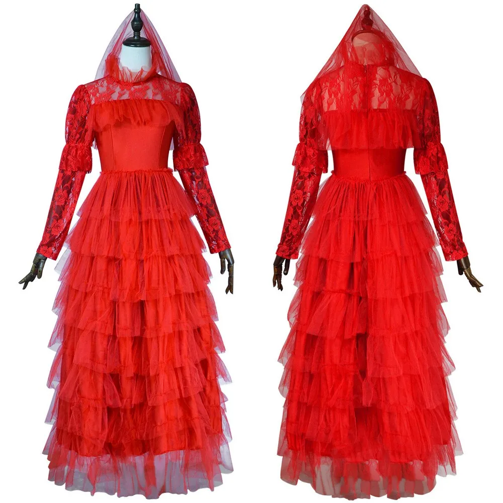 Fulujiacos Astrid Cosplay Costume Lydia Red Wedding Dress Lace Gown Veil Gift