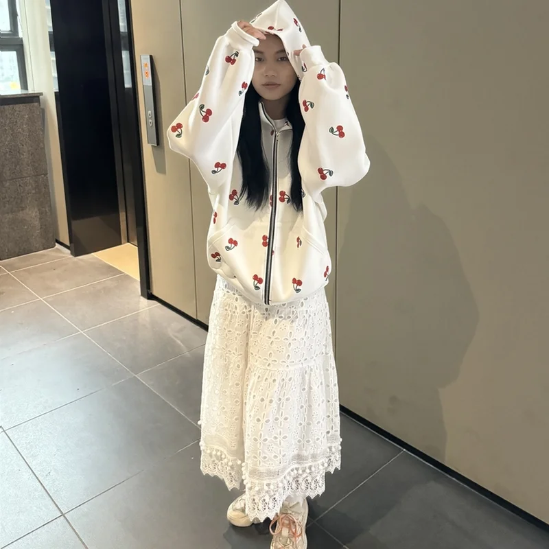Autumn Cherry Pattern Printed Women Hoodie Sweatshirts Loose Fit Outdoor Sports Jacket Coat Advanced Fabric 24-hour Shipping