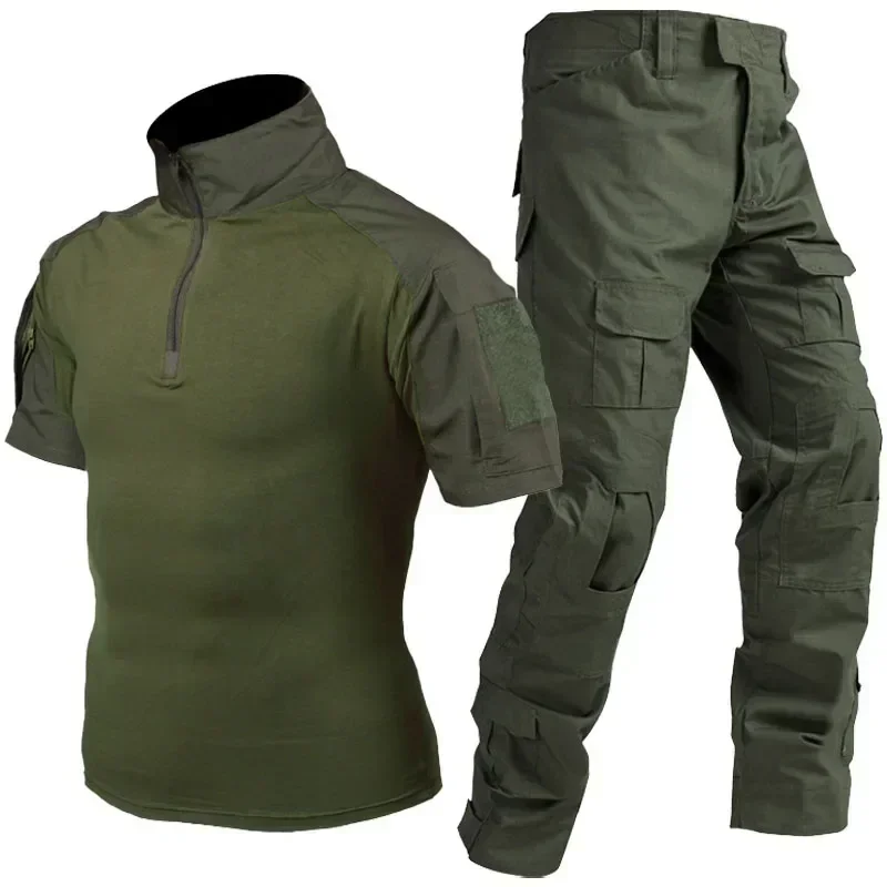 Camo Training Set Mens Summer Tactics Short Sleeved T-shirt+Multi Pocket Waterproof Cargo Pants Suits Outdoor Hunting Uniform