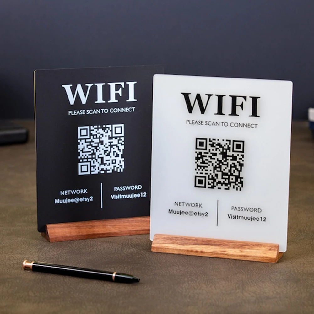 Custom WiFi QR Code Acrylic Sign with Wood Base Table Sign for Home Airbnb Salon Spa Small Business Office Scan to WiFi Signage