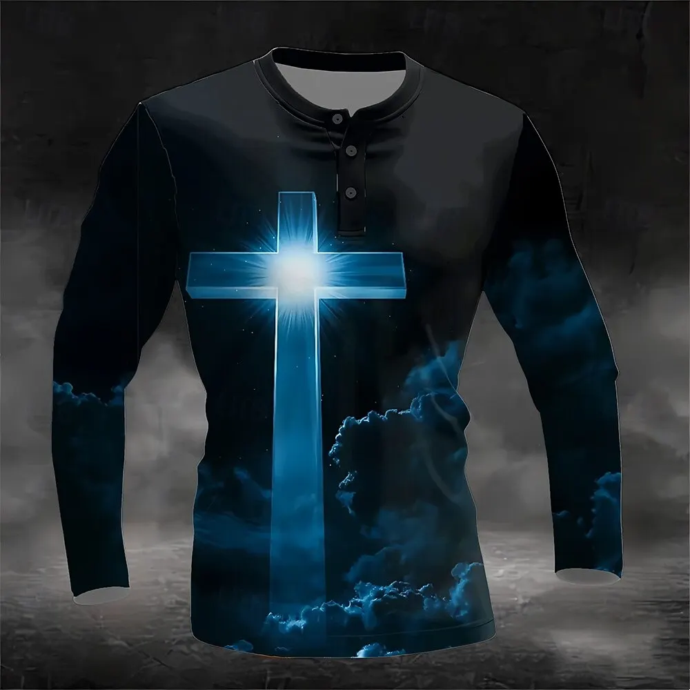 

Fashion 3D Printed Cross Graphic Henley T-Shirts Autumn Long Sleeve Button Pullover For Men Loose Breathable Comfortable Clothes