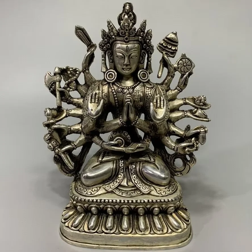 Old Chinese Tibet Silver Handmade Nepal Thousand Handed Guanyin Bodhisattva Statue