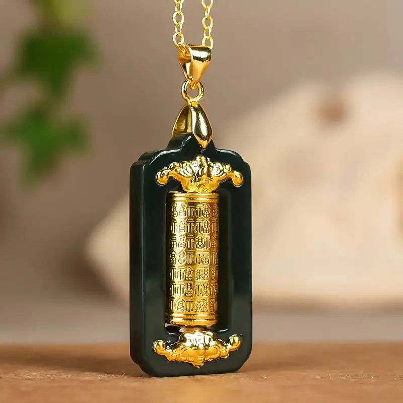 Pure gold inlaid with Hetian jade, gold-inlaid jade rotating gold tube, vintage Heart Sutra pendant, jewelry pendant, live strea