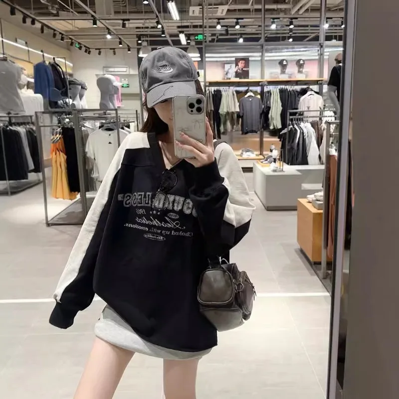 Shpmishal 2024 New Korean Fashion American Retro Jersey Hoodie Women's New Early Autumn Loose V-neck Casual Top Female Clothing