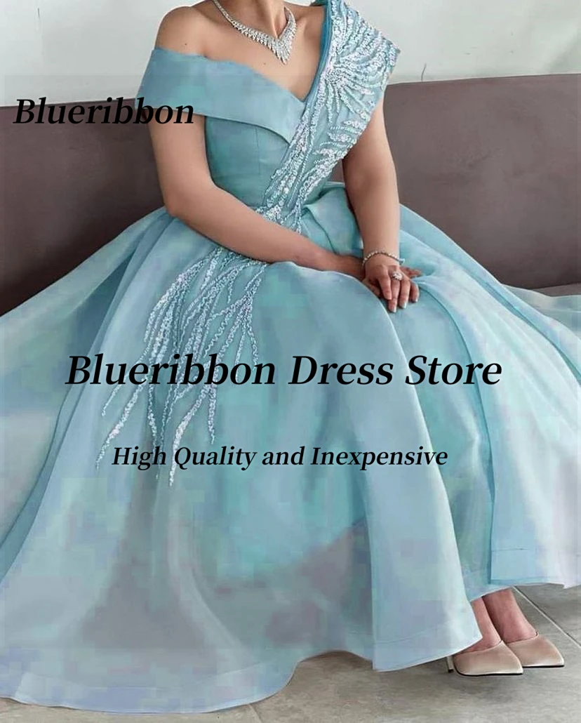 Blueribbon Ankle Length Prom Dresses Off Shoulder Sequins Homecoming Party Dress Zipper Back Wedding Guests Wear Bride Gowns