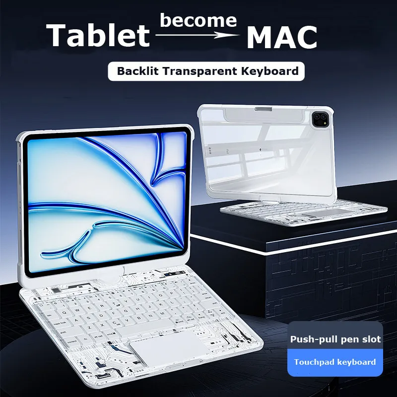 Keyboard with Backlit Case for IPad Mini 2024 A2993 A2995 Mini 7 6 8.3 Inch A17 Pro Transparent Acrylic Case Push-pull Pen Slot